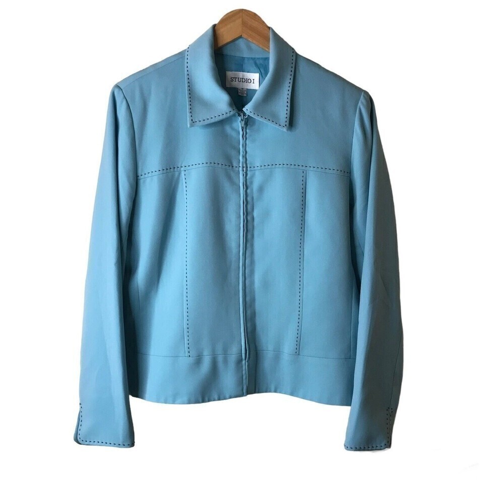 STUDIO I Zip Up Suit Jacket Womens Size 12 Blue Contrast Topstitching Lined Work